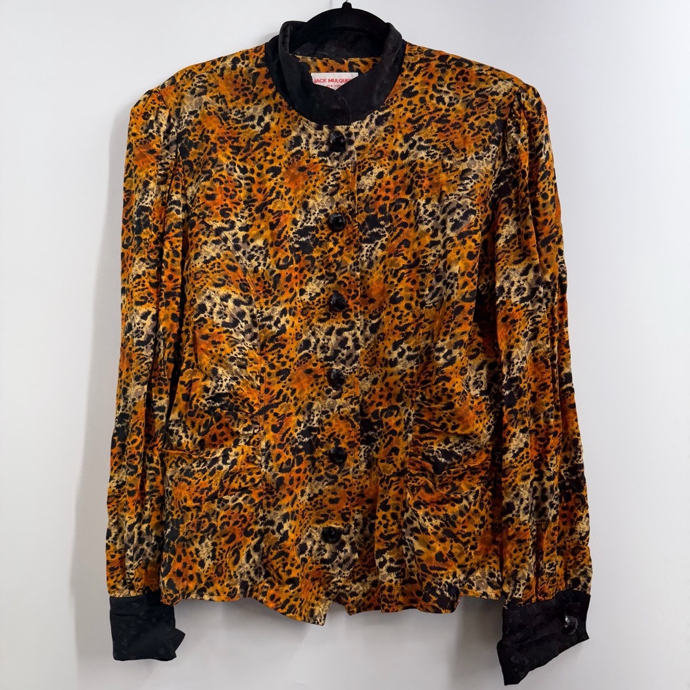 Vintage Jack Mulqueen Womens 14 100% Silk Leopard Animal Print Blouse 80s 90s